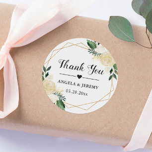 Modern Gold Green Floral Wedding Favour Thank You Classic Round Sticker