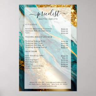 Modern Gold-Green-Glitter Marble Salon Preisliste Poster