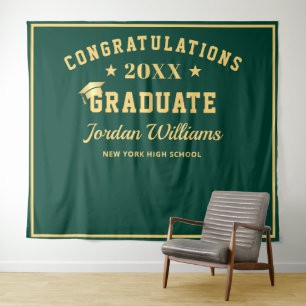 Modern Gold Green Graduation Photo Booth Backdrop Tapestry
