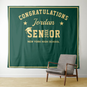 Modern Gold Green Graduation Photo Booth Backdrop Tapestry