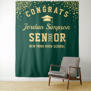 Modern Gold Green Graduation Photo Booth Backdrop Tapestry