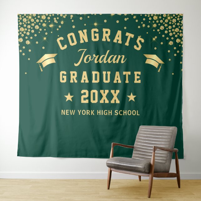 Modern Gold Green Graduation Photo Booth Backdrop Tapestry (In Situ (Horizontal))