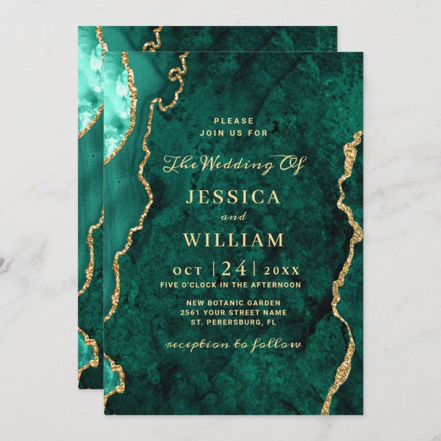 Modern Gold Green Marble Agate Wedding Invitation (Front/Back)