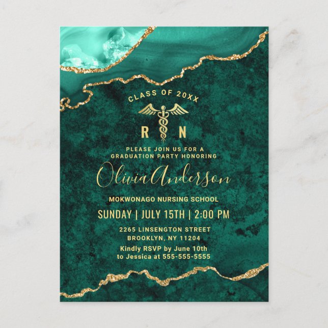 Modern Gold Green Nursing Graduation Invitation Postcard (Front)