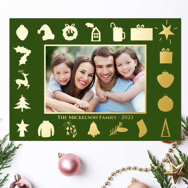 Modern Gold Green Photo Christmas (Go Gold This Holiday Season! Real Foil - Fun and Modern Family Photo card. Happy Holidays!)