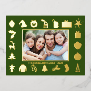 Modern Gold Green Photo Christmas Foil Holiday Postcard