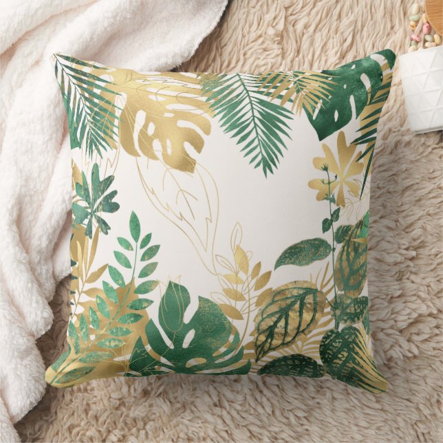 Modern Gold Green Tropical Leaves  Cushion (Blanket)