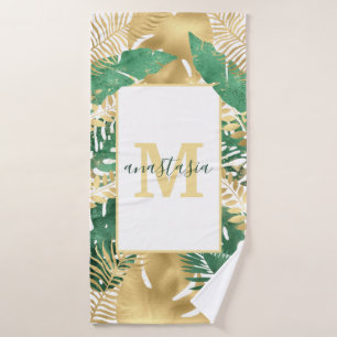 Modern Gold Green Tropical Leaves Monogram Bath Towel Set
