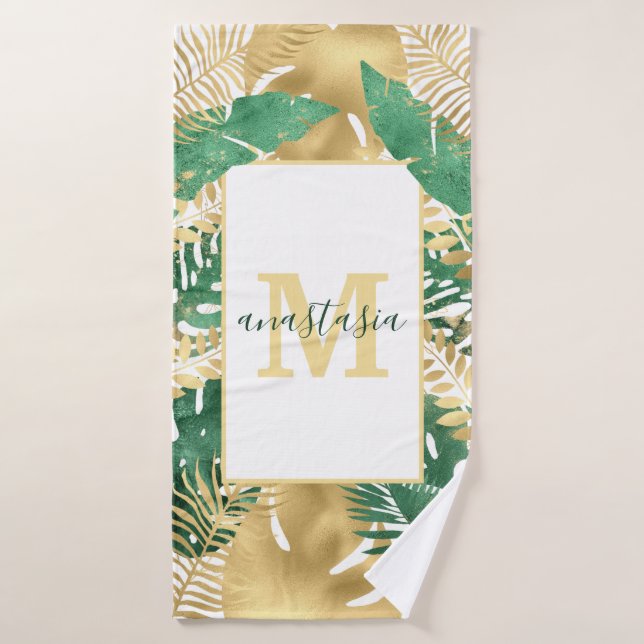 Modern Gold Green Tropical Leaves Monogram  Bath Towel Set (Bath Towel)