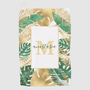 Modern Gold Green Tropical Leaves Monogram Golf Towel