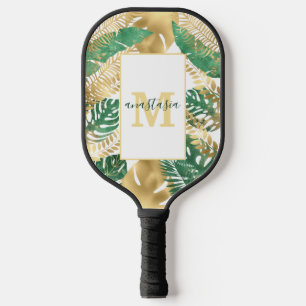 Modern Gold Green Tropical Leaves Monogram Pickleball Paddle