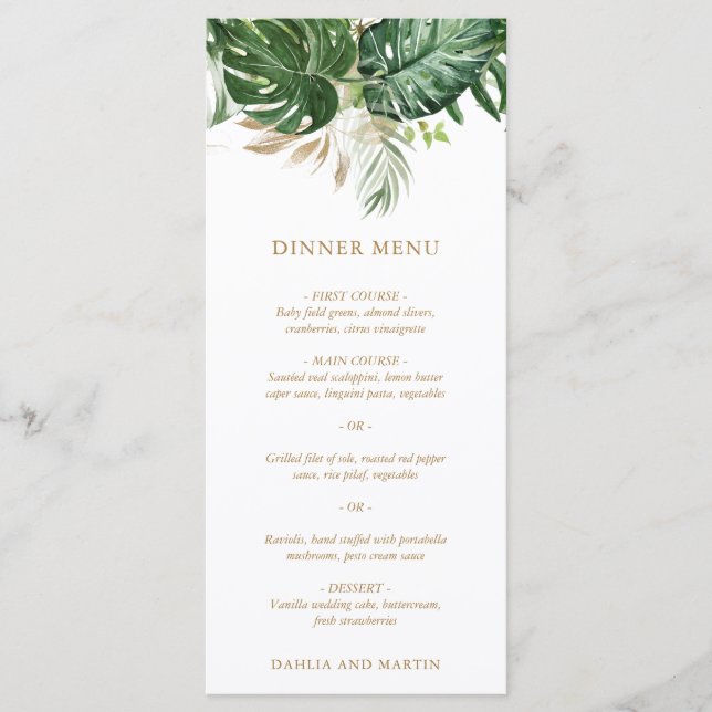Modern Gold Greenery Tropical Wedding Menu (Front)
