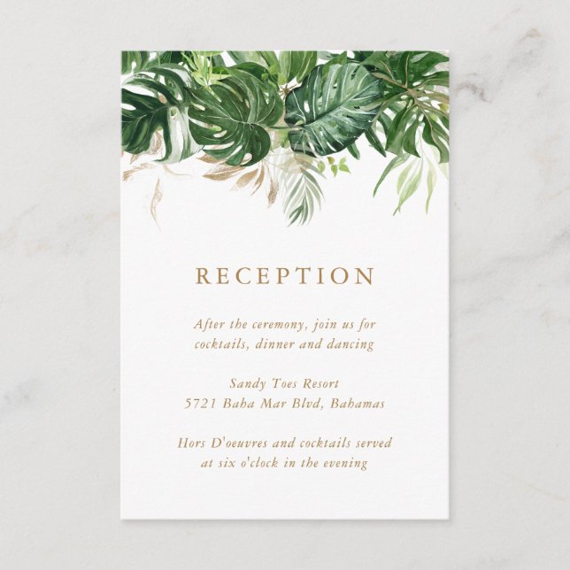 Modern Gold Greenery Tropical Wedding Reception Enclosure Card (Front)
