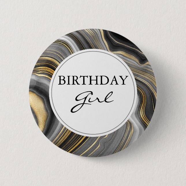 Modern Gold & Grey Agate Geode Birthday Girl 6 Cm Round Badge (Front)