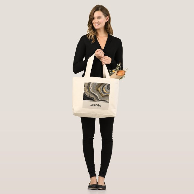 Modern Gold & Grey Agate Geode Gemstone Large Tote Bag (Front (Model))