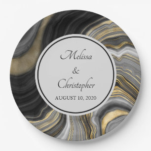 Modern Gold & Grey Agate Geode Gemstone Wedding Paper Plate