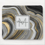 Modern Gold & Grey Agate Geode Mineral Monogram Mouse Pad<br><div class="desc">with an abstract design with an agate geode mineral pattern. Gold,  grey,  white,  and black swirl together forming elegant waves of colour. 
A light grey square with a thin black border layered over top with your name and monogram initial inside.
Perfect for conveying an air of class and elegance.</div>