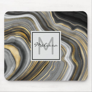 Modern Gold & Grey Agate Geode Mineral Monogram Mouse Pad