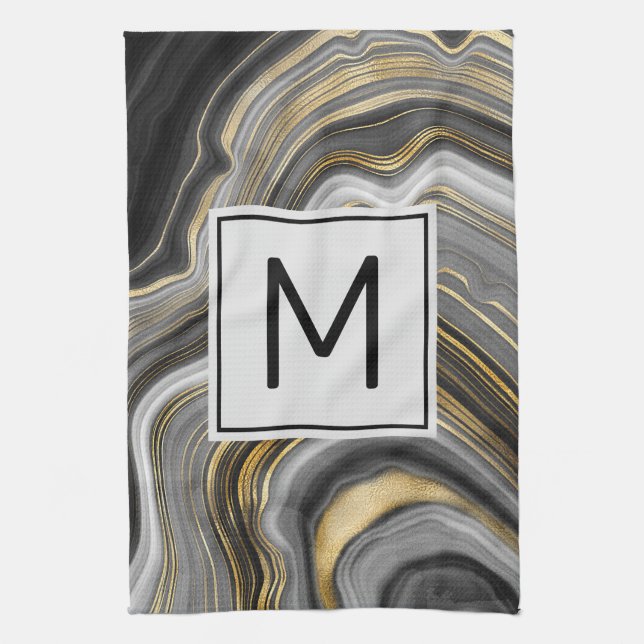 Modern Gold & Grey Agate Geode Mineral Monogram Tea Towel (Vertical)