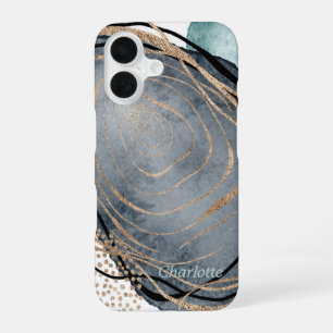 Modern gold grey green faux glitter marble iPhone 16 case