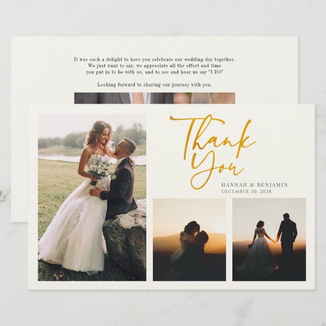 Modern Gold Hand-Lettered Wedding Thank You Card (Front/Back)