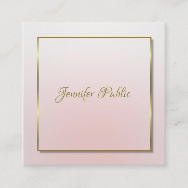 Modern Gold Handwritten Script Text Pink Template Square Business Card (Front)