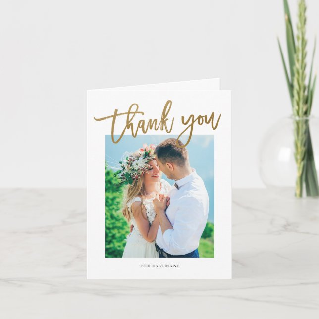Modern Gold Handwritten Wedding Thank You Card (Front)