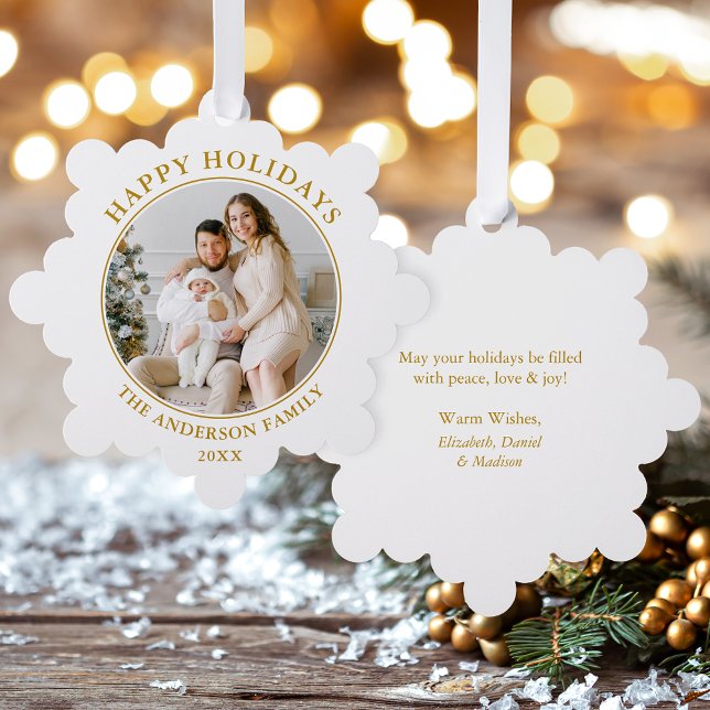 Modern Gold Happy Holidays Photo Tree Decoration Card (A greeting card that is also an ornament! Customize with your photo and personalized text.)