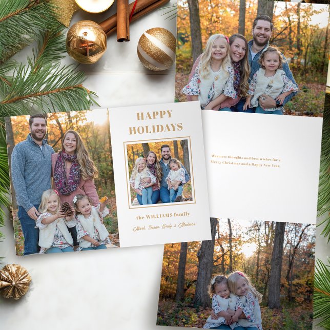 Modern Gold Happy Holidays Two-Photo Tri-Fold Holiday Card (Creator Uploaded)