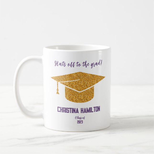 Modern Gold Hats off to the Grad Script Graduation Coffee Mug (Left)
