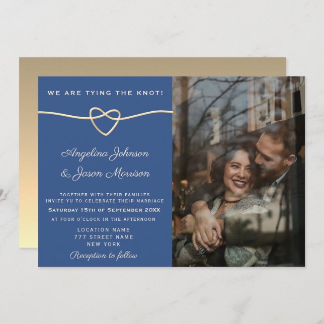 Modern Gold Heart Blue Photo Wedding Invitation (Front/Back)