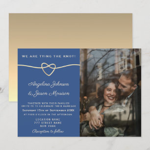 Modern Gold Heart Blue Photo Wedding Invitation