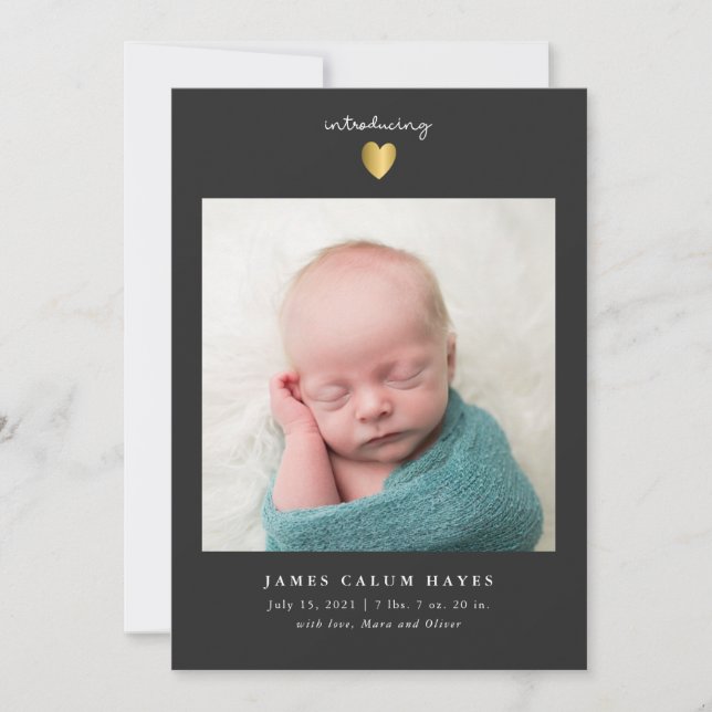 Modern Gold Heart Boy Photo Birth Announcement (Front)