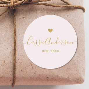 Modern Gold Heart Calligraphy Brand Name Pink Classic Round Sticker