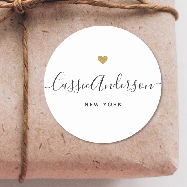 Modern Gold Heart Calligraphy Brand Name White Classic Round Sticker (Creator Uploaded)