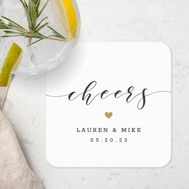 Modern Gold Heart Cheers Wedding Square Paper Coaster (Creator Uploaded)