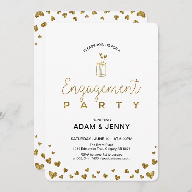 Modern Gold Heart Engagement Party Invitation (Front/Back)