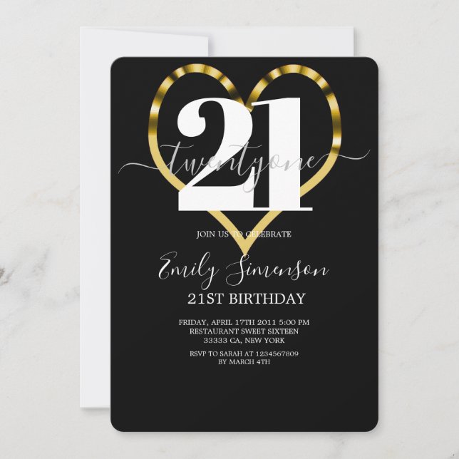 Modern Gold Heart Minimalist 21st Birthday  Invitation (Front)