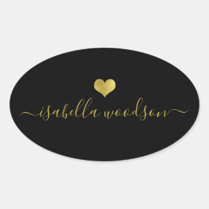 Modern Gold Heart Script Name  Oval Sticker