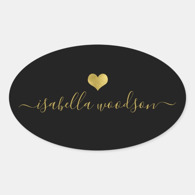 Modern Gold Heart Script Name  Oval Sticker (Front)