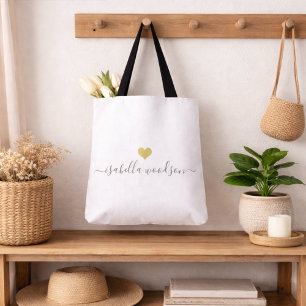 Modern Gold Heart Script Name Tote Bag