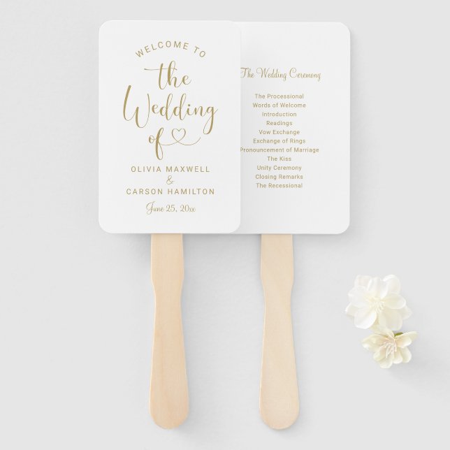 Modern Gold Heart Script Program Hand Fan (Front and Back)