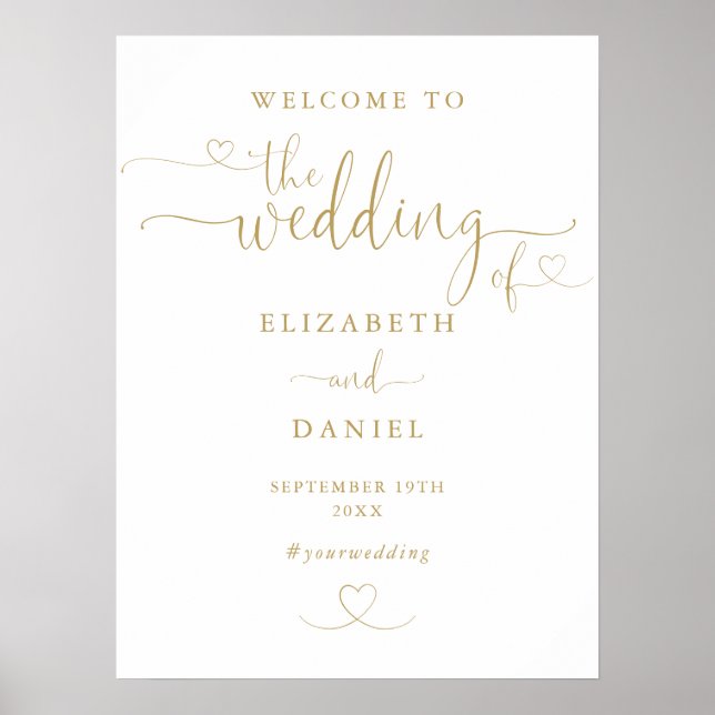 Modern Gold Heart Script Wedding Welcome Sign (Front)