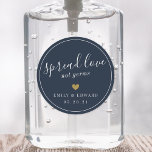 Modern Gold Heart Wedding Favour Hand Sanitizer Classic Round Sticker<br><div class="desc">Custom-designed bridal shower/wedding party hand sanitizer favour labels/stickers featuring "spread love not germs" in modern hand calligraphy with gold glitter heart design. ( This is the white text on dark background version with editable colour. )</div>