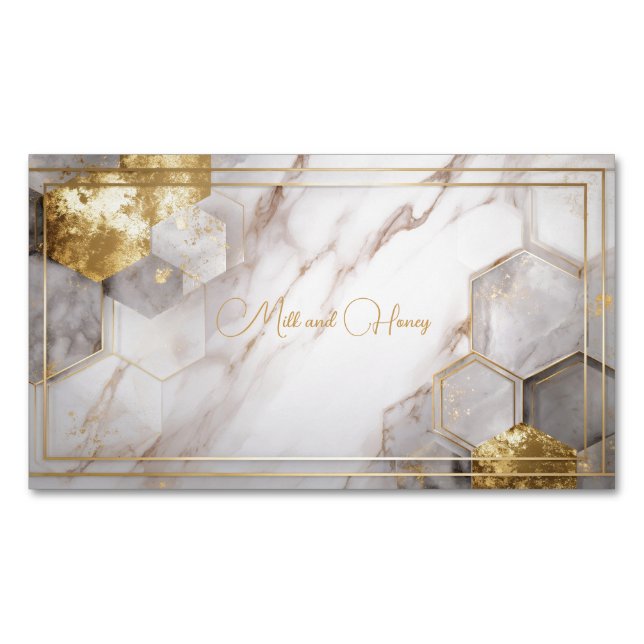 Modern Gold Hexagon Marble Magnetic Business Card (Front)