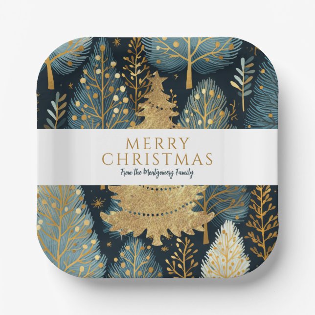 Modern Gold Holiday Forest Custom Christmas Paper Plate (Front)