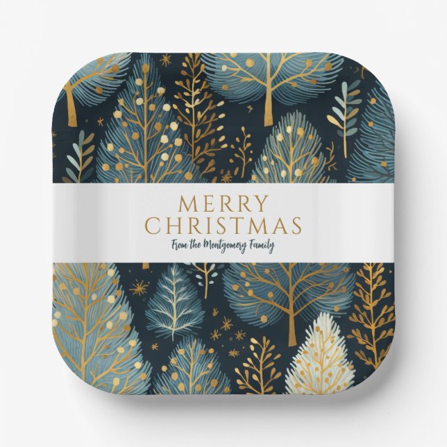 Modern Gold Holiday Forest Personalised Christmas Paper Plate (Front)