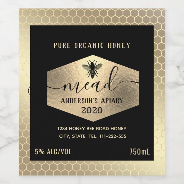 Modern gold honey comb mead honey bee wine label (Single Label)
