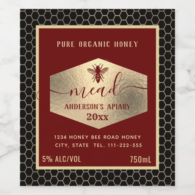 Modern gold honey comb mead honey bee wine label (Single Label)
