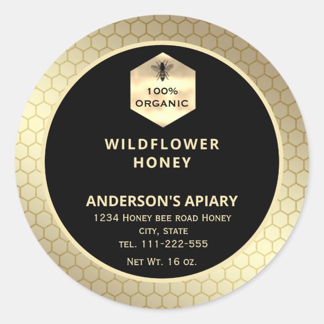 Modern gold  honeybee honey jar label (Front)
